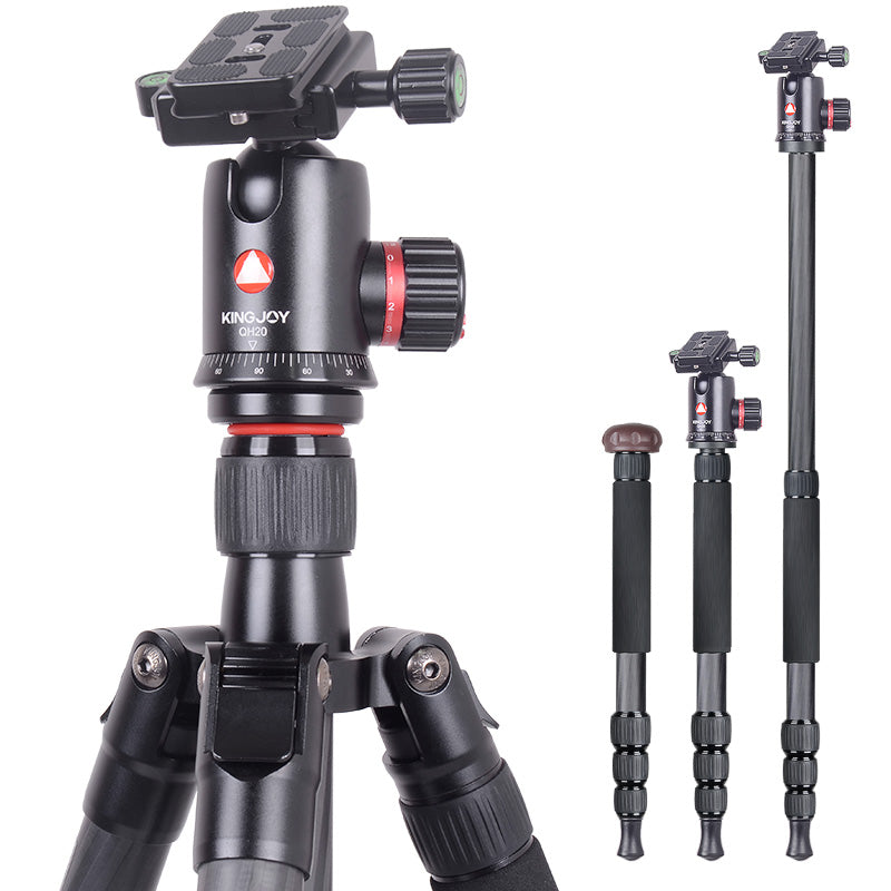Kingjoy K3208 compact light traveling carbon fiber tripod with QH20 ball head-4 section, 66in, 4.4lbs, legs reverse fold
