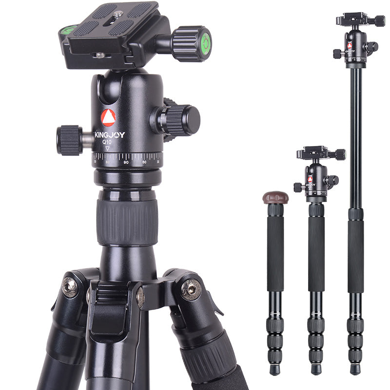 Kingjoy K1008 compact light traveling aluminum tripod with Q10 ball head-4 section, 59in, 3.4lbs, legs reverse fold
