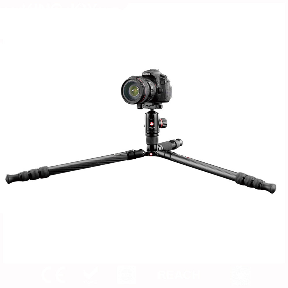 Kingjoy K2208 compact light traveling carbon fiber tripod with QH20 ball head-4 section, 65in, 3.9lbs, legs reverse fold